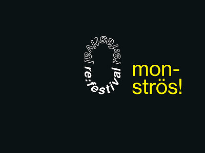 Schwarzer Hintergrund mit dem Wort 'festival' in weißer Schrift, das kreisförmig angeordnet ist, und dem gelben Wort 'monströs!' rechts daneben