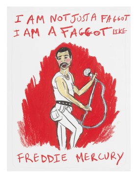 Comicartiges Porträt von Freddie Mercury, mit deren Text er sich als schwul outet.