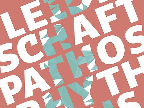 Weiße Großbuchstaben bilden die Worte 'LEIDENSCHAFT PATHOS RHYTHMUS' auf rotem Hintergrund, teilweise von blauen, geometrischen Formen überlagert.