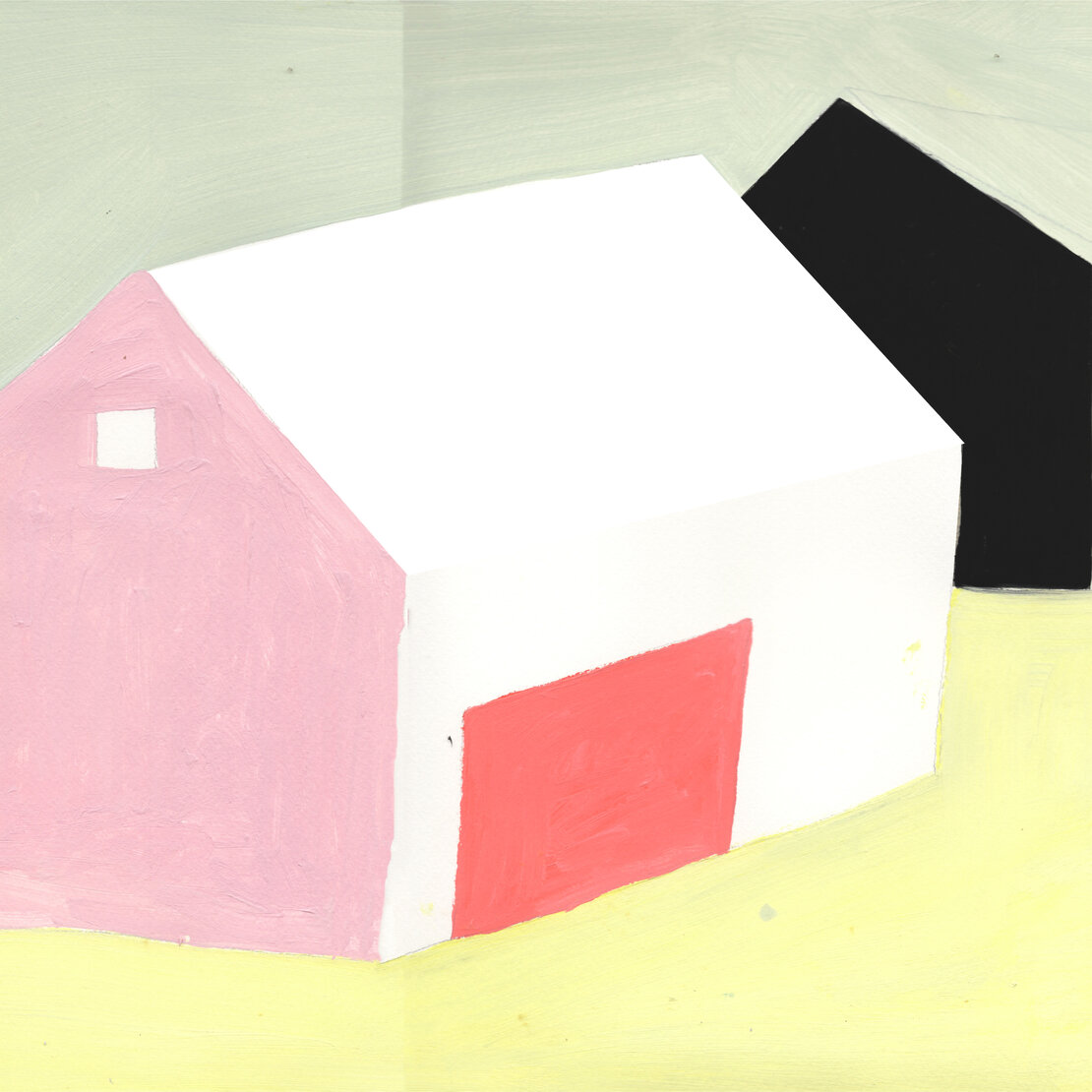 Illustration. Ein pastellfarbenes, hellrosanes Haus steht auf hellgelben Grund, im Hintergrund zeichnet sich der Schatten eines zweiten Hauses ab.