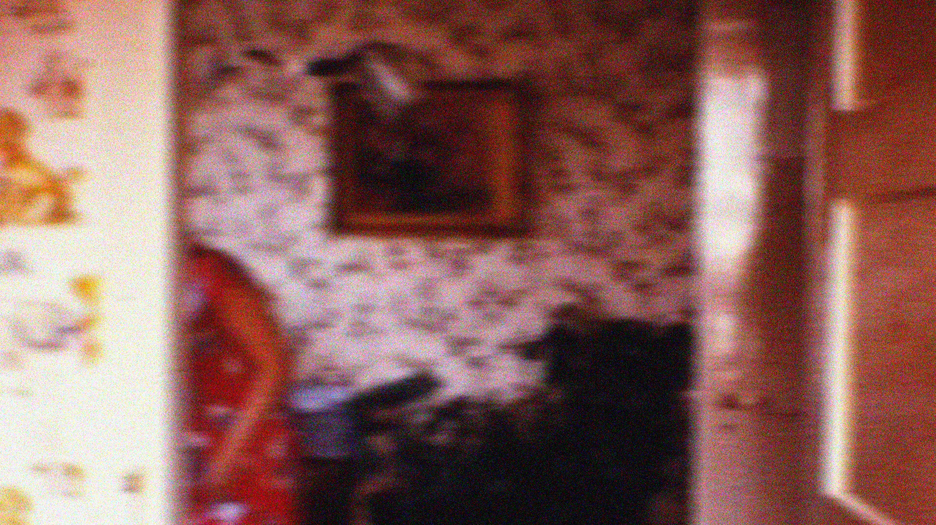 Szenenbild aus einem Super 8 Film: ein Wohnzimmer mit 70er-Jahre-Tapete, eine Frau huscht durchs Bild und ist nur verschwommen zu sehen