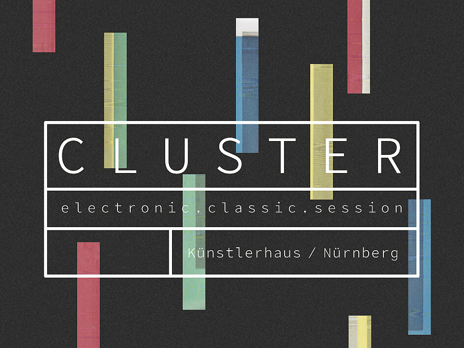 Logo von Cluster auf dunklem Hintergrund mit bunten Farbbalken