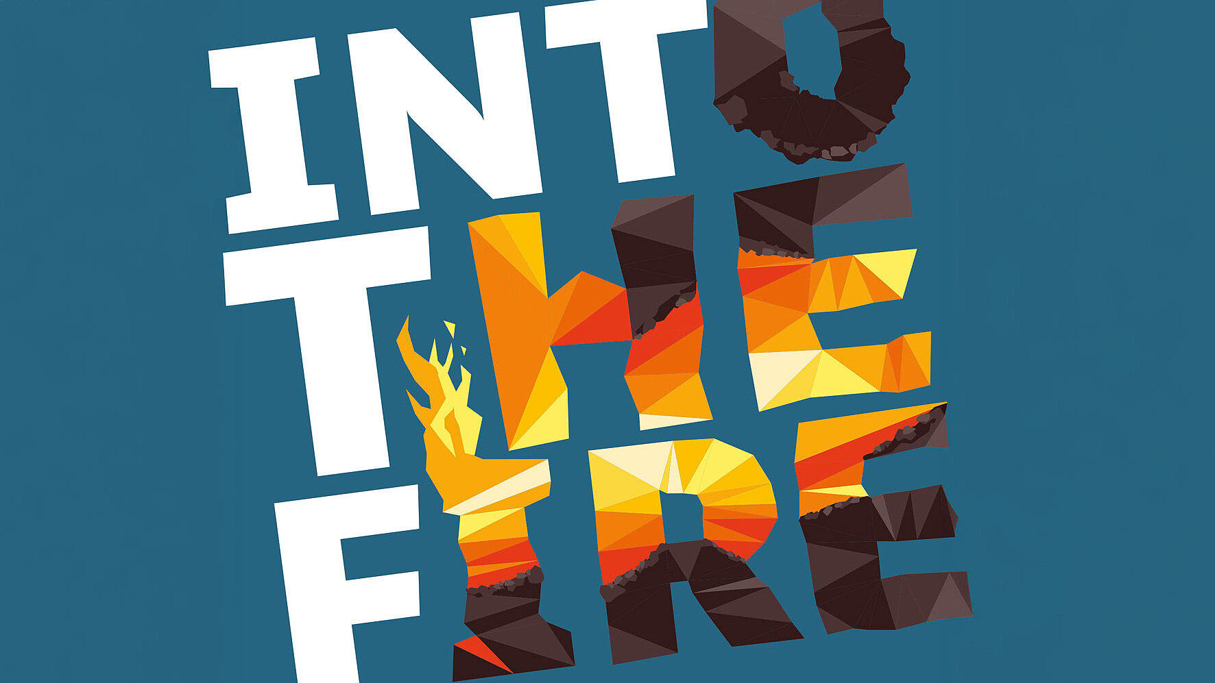 Schriftzug 'INTO THE FIRE' mit Flammen- und Steinelementen auf blauem Hintergrund und kleinem Logo 'KONTRASTE KLASIK IN DER TAFELHALLE' oben links
