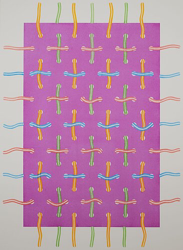 Zeichnung: Auf pinkfarbigem Grund ziehen sich waagrechte blaue Linien und senkrechte orangefarbene Linien wie ein Flechtwerk durch die pinkfarbene Fläche. 