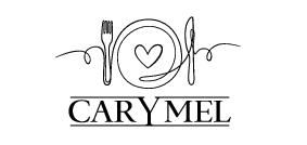 schrift Carymel, daüber grafischer teller mit Messer und Gabel, in der Mitte Herz