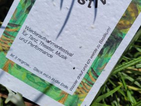 re.festival Postkarte steckt in einer Pflanze