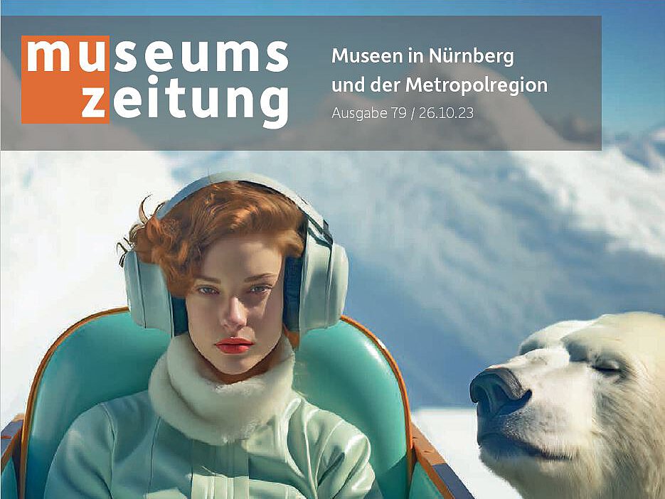 KI-generiertes Bild einer junge Frau mit dicken Kopfhörern in einem offenen Schlitten sitzend rechts von ihr ein Eisbär in arktischer Landschaft