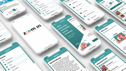 Mehrere Smartphone-Bildschirme zeigen die Menüführung in der Veranstaltungskalender-App zoom:in