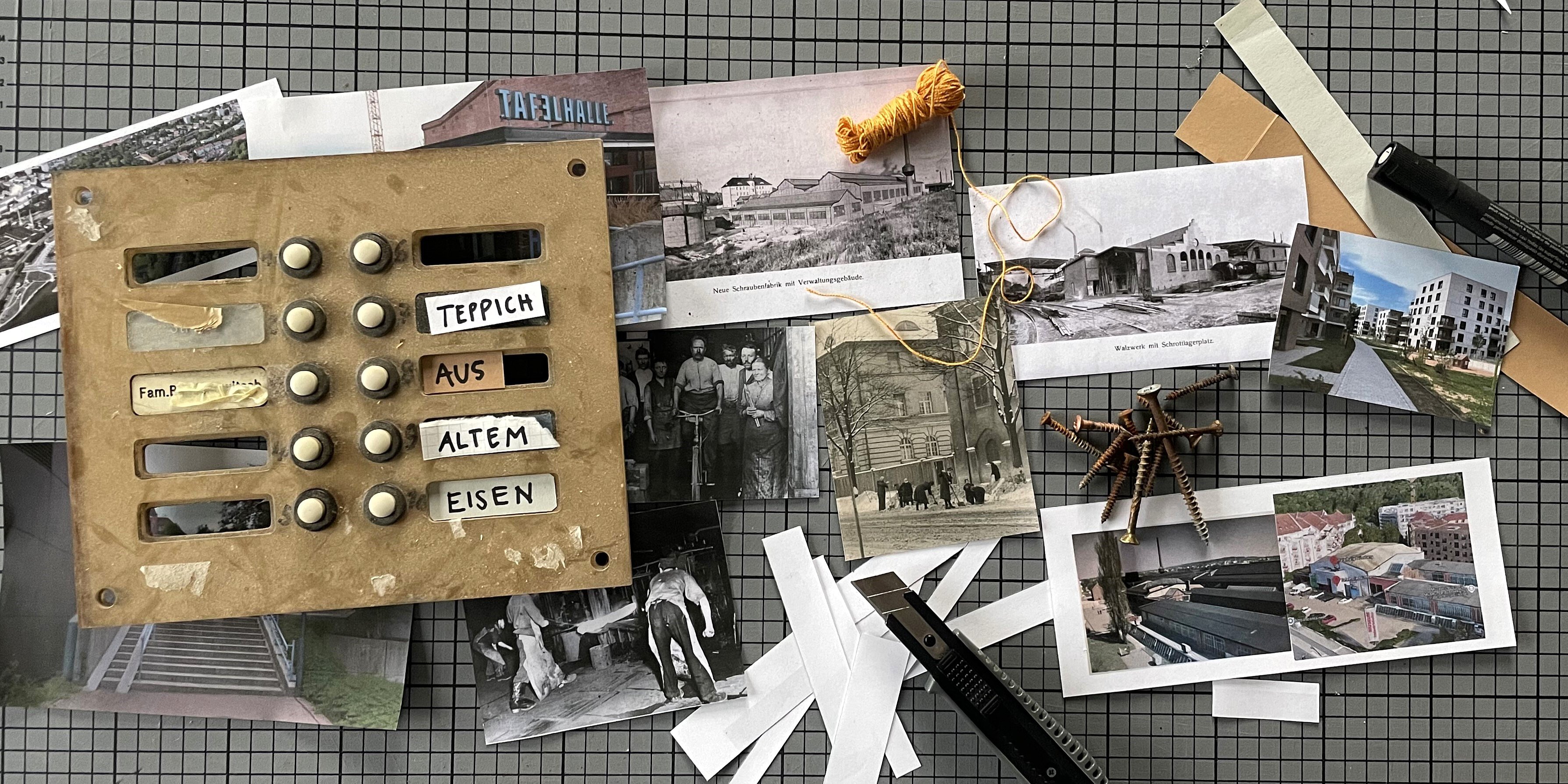 Collage aus Fotos und einem Klingelschild "Teppich aus altem Eisen"
