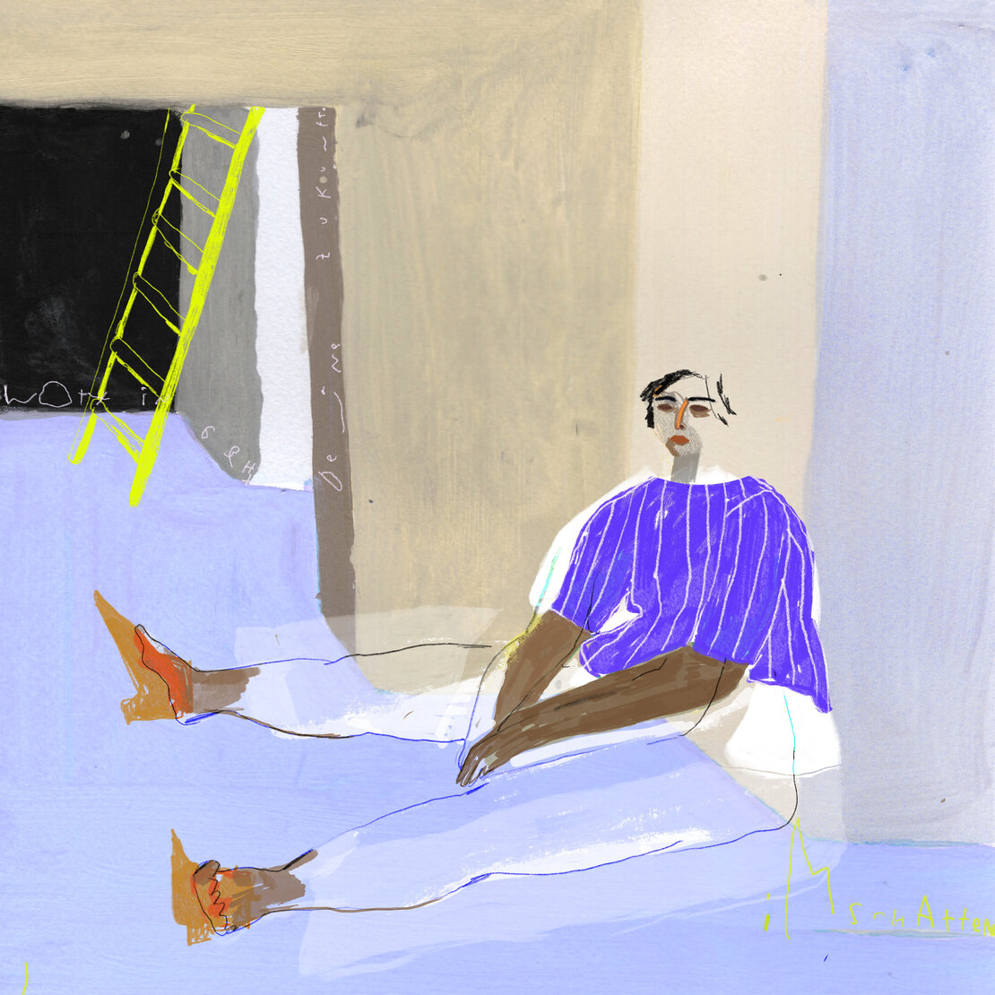Illustration. Eine Figur in einem dunkelblau-weiß gestreiften Oberteil sitzt vor einem Flur mit grauen Wänden auf dem Boden. Im Flur lehnt eine gelbe Leiter an der Wand.