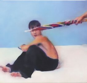 Gemälde vn Johannes Kahrs zeigt einen Jungen, der mit einem Regenschirm attackiert wird