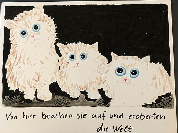 Giclée-Druck von Jan Bräumer: Drei weiße junge Kätzchen mit blauen Augen vor schwarzem Hintergrund mit der Unterzeile: Von hier brachen sie auf und eroberten die Welt.