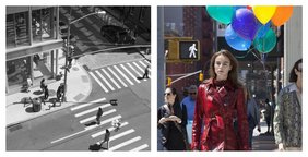 Die zweiteilige Fotografie zeigt eine Straßenkreuzung mit Zebrastreifen von oben und in Nahaufnahme die Personen, die gerade einen Zebrastreifen überqueren. Die Nahaufnahme ist geprägt durch das farbige Outfit einer Frau sowie einigen Luftballons, die ein Mann trägt.
