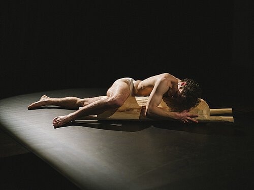 Ein Mann liegt mit nacktem Oberkörper auf einer Holzmolle