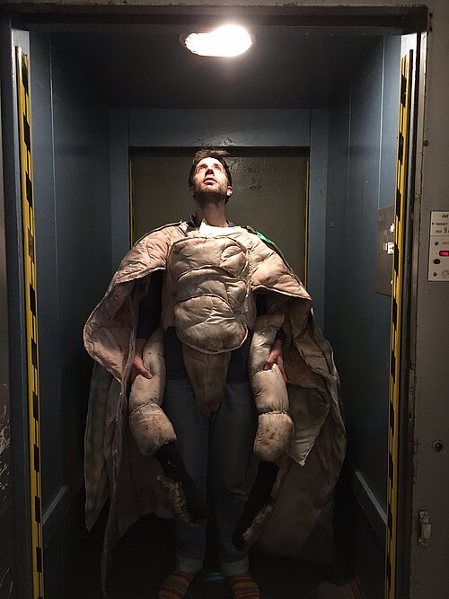 Mann in einem Käferkostüm in einem Aufzug nach oben blickend