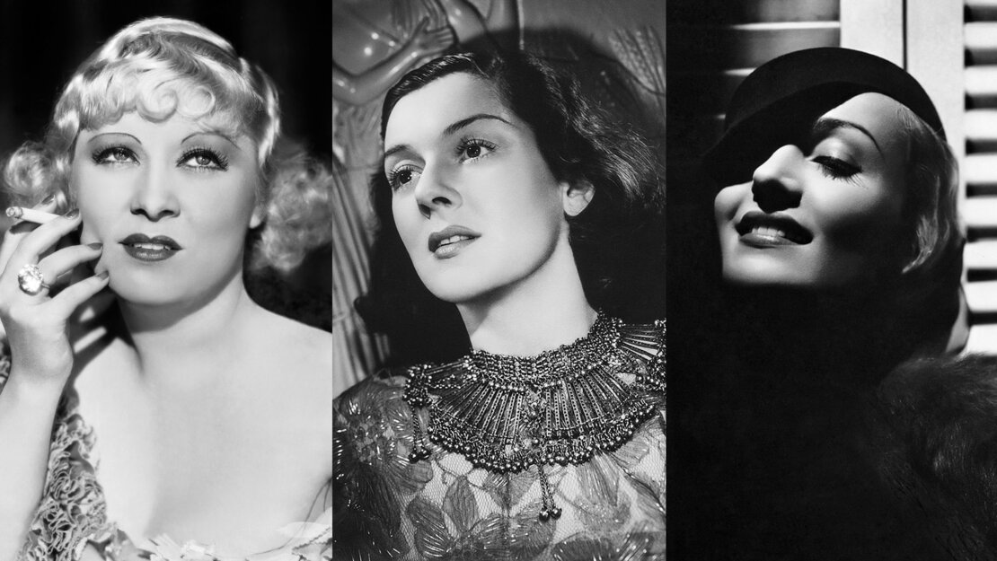 Portraits der Schauspielerinnen Mae West, Rosalind Russell und Carole Lombard