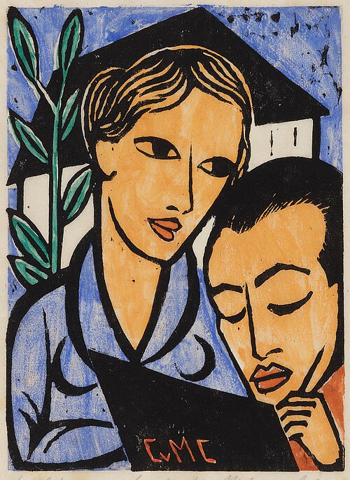 Gemälde mit den Porträts einer Frau und eines Mannes vor einem Haus im Hintergrund.