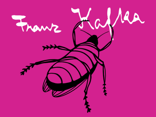 lilane Grafik mit schwarzem Käfer und dem Schriftzug Franz Kafka in weiß
