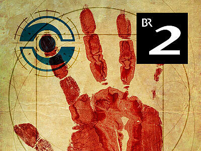 Rote Handabdruck auf Pergament mit Zielscheibe, darüber das Logo von BR 2, darunter der Text 'TATORT GESCHICHTE'.