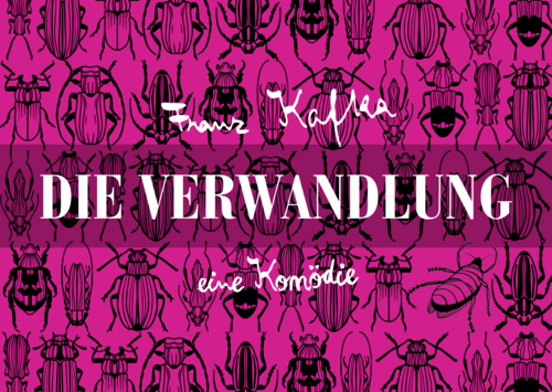 Grafik mit lilanem Hintergrund und verschiedenen Käfern mit dem Titel des Stücks in weiß