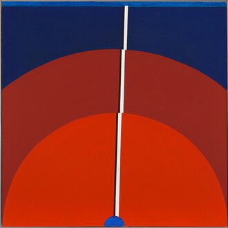 Ansicht eines abstrakten Gemäldes in Rot- und Blautönen