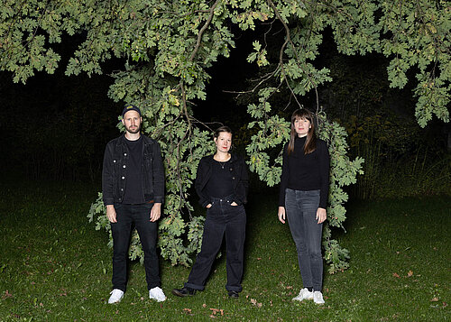 drei junge MusikerInnen auf einer Wiese vor Geäst im Dunkeln mit Blitz fotografiert