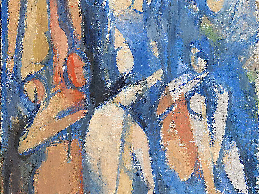 Abstraktes Gemälde mit mehreren Figuren in Blau- und Orangetönen