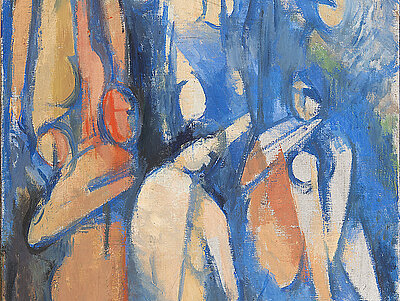 Abstraktes Gemälde mit mehreren Figuren in Blau- und Orangetönen