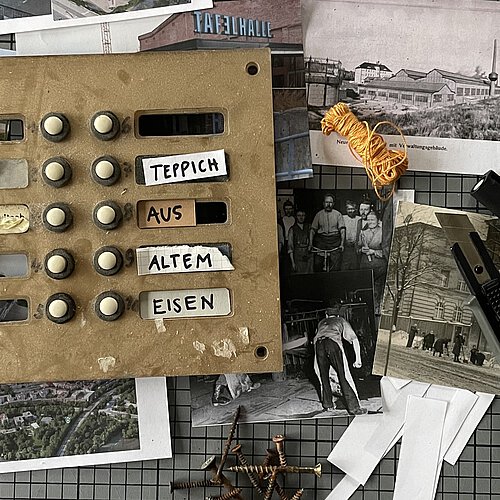 Collage aus Fotos und einem Klingelschild "Teppich aus altem Eisen"