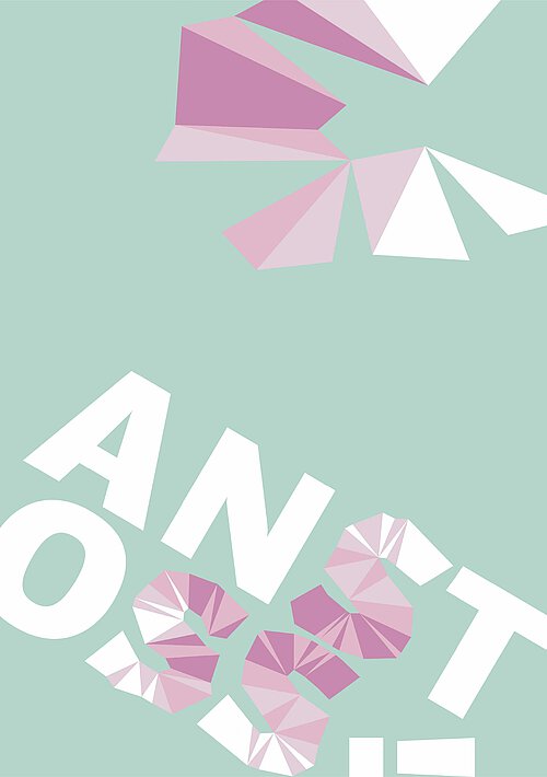 Geometrische Formen in Rosa- und Weißtönen auf hellblauem Hintergrund, darunter der Text 'ANSTOSS' in weißer Großschrift.
