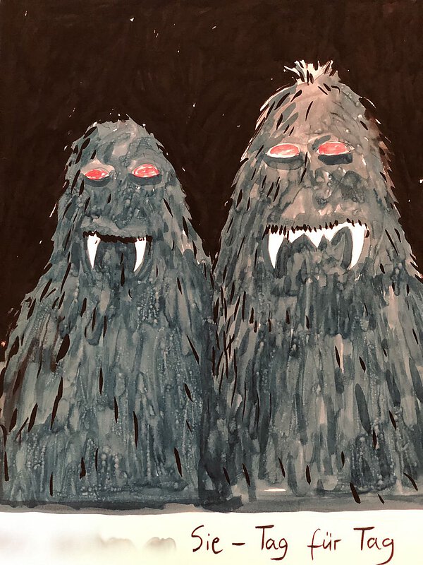 Giclée-Druck von Jan Bräumer: Zwei Monster mit Vampirzähnen und der Unterzeile: Wir denken an Sie Tag für Tag