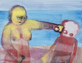 Das Aquarell von Mirjam Cahn zeigt eine Frau, die zum Schlag gegen ein Kind ausholt