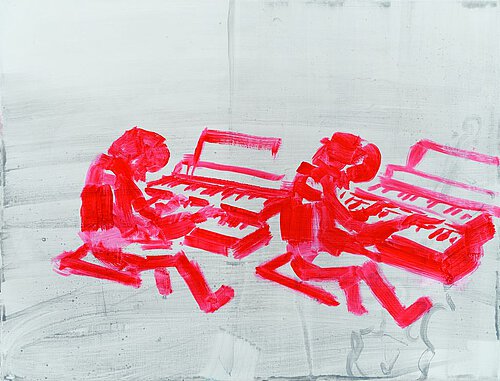 Zeichnung von zwei Keybordspielern in Rot