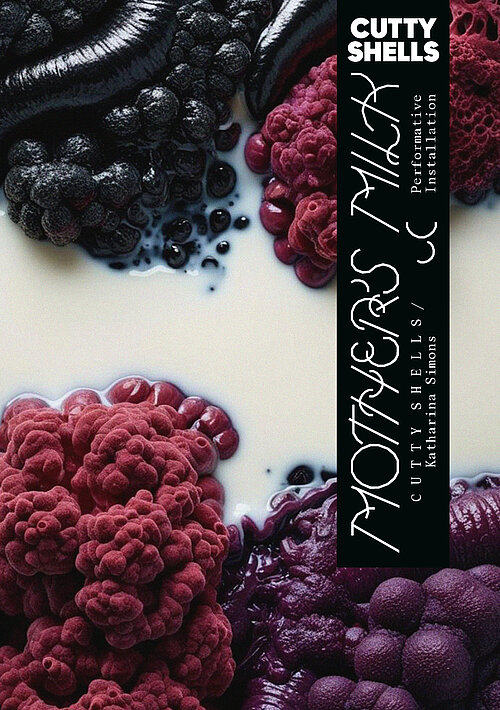 Im Hintergrund der Schrift sieht man schwarze, rote und lila Formen, die von einer milchigen Flüssigkeit umspült werden.