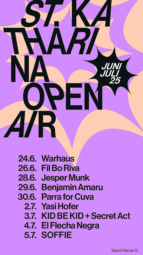 Schriftzug "st. kathrina open air" und im Hintergrund ein lila-orangener Splash; unten drunter die Konzerttermine