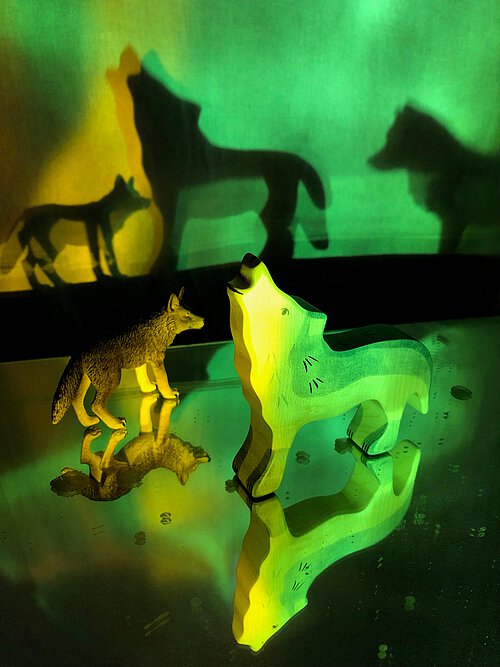 Mehrere Wolfsfiguren mit Schatten auf grün-gelbem Hintergrund und Spiegelung auf einer glänzenden Oberfläche