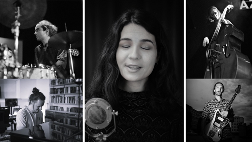 schwarz-weiß Collage von den Bandmitgliedern an ihren Instrumenten