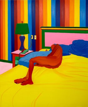 Gemälde zeigt Mann seitlich liegend und schlafend in einem Bett