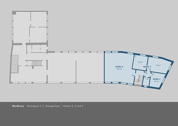 Grundrisse der Ateliers 2 - 4 im Werkhaus, Peuntgasse 7, zweites Obergeschoss