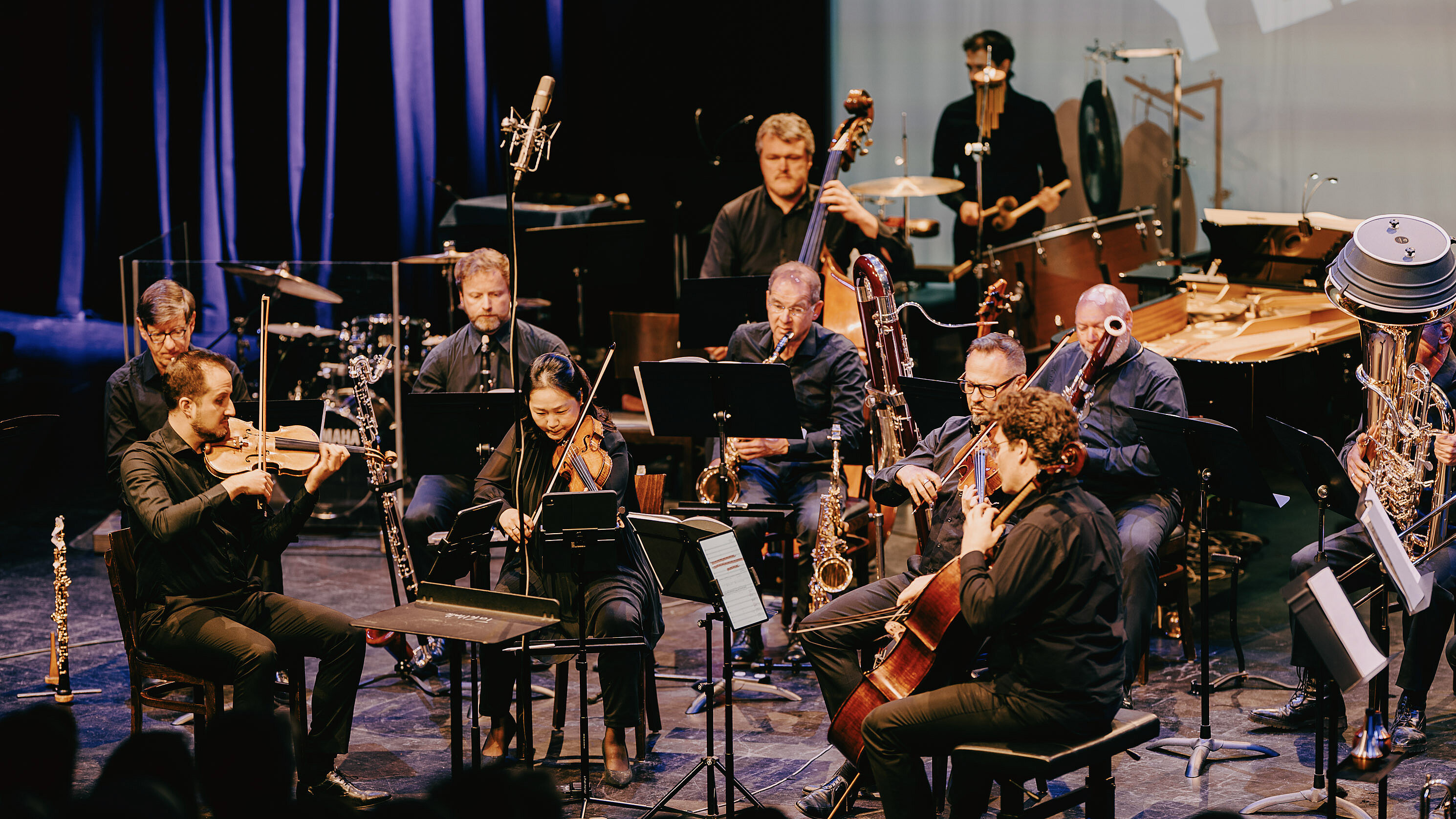 Ensemble mit Streichern, Bläsern und Schlagzeug auf einer Bühne während eines Konzerts