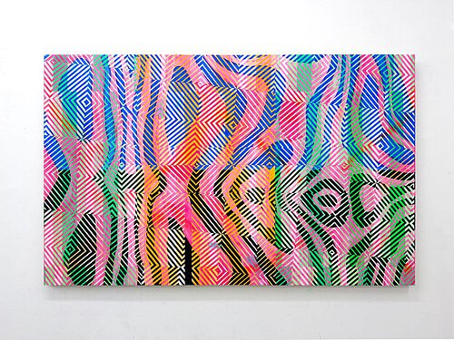 Abstraktes Gemälde in Pink, Blau und Grün mit darübergelegten Raster aus quadratischen Kästchen