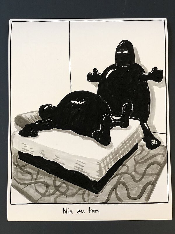 Giclée-Druck von Jan Bräumer: Zwei schwarze Figuren mit dickem Bauch, eine steht vor einem Bett, eine liegt darauf. Mit Unterzeile: Nix zu tun