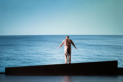 ein Mann steht vor einem, an die Wand projiziertem Abbild des Meeres