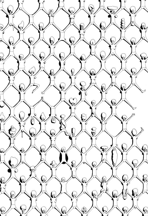 Zeichnung von vielelen nackten Menschen, die scheinbar alle gleich, bei näherer Betrachtung aber unterschiedlich sind