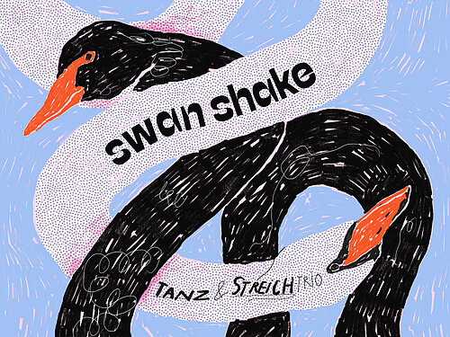 Grafik von einem weißen und einem schwarzen Schwan auf deren Hals Swan Shake steht