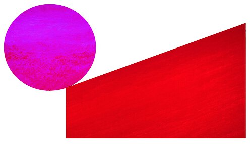 Rotes schiefes Rechteck, am kurzen Ende balanciert ein rosa Kreis am Ende