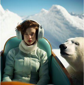 Frau im weißen Lederanzug mit großen Kopfhörern und neben ihr ein Polarbär