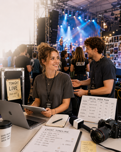 Zwei Personen mit Event-Crew-Ausweisen sitzen an einem Tisch mit Laptop, Tablet, Kamera und Plänen für Social-Media-Plan und Event-Zeitplan vor einer Bühne mit Beleuchtung und Musikern.