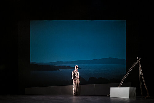 ein Mann steht vor einem, an die Wand projiziertem Abbild des Meeres