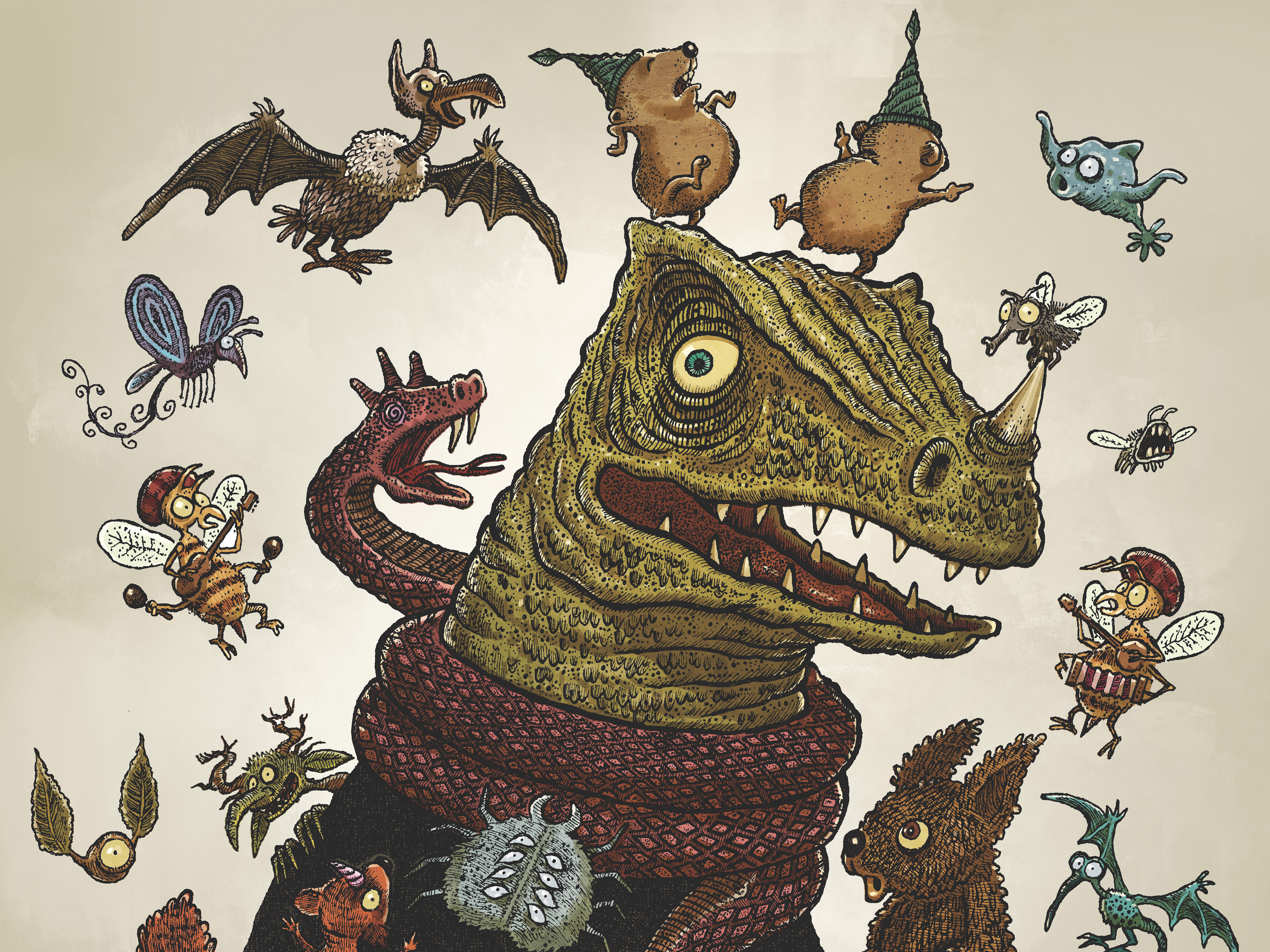 Zeichnung von Walter Moers eines großen, reptilienartigen Wesens mit spitzen Zähnen und Hörnern, das auf einem Podest sitzt, umgeben von mehreren kleinen, fantastischen Kreaturen